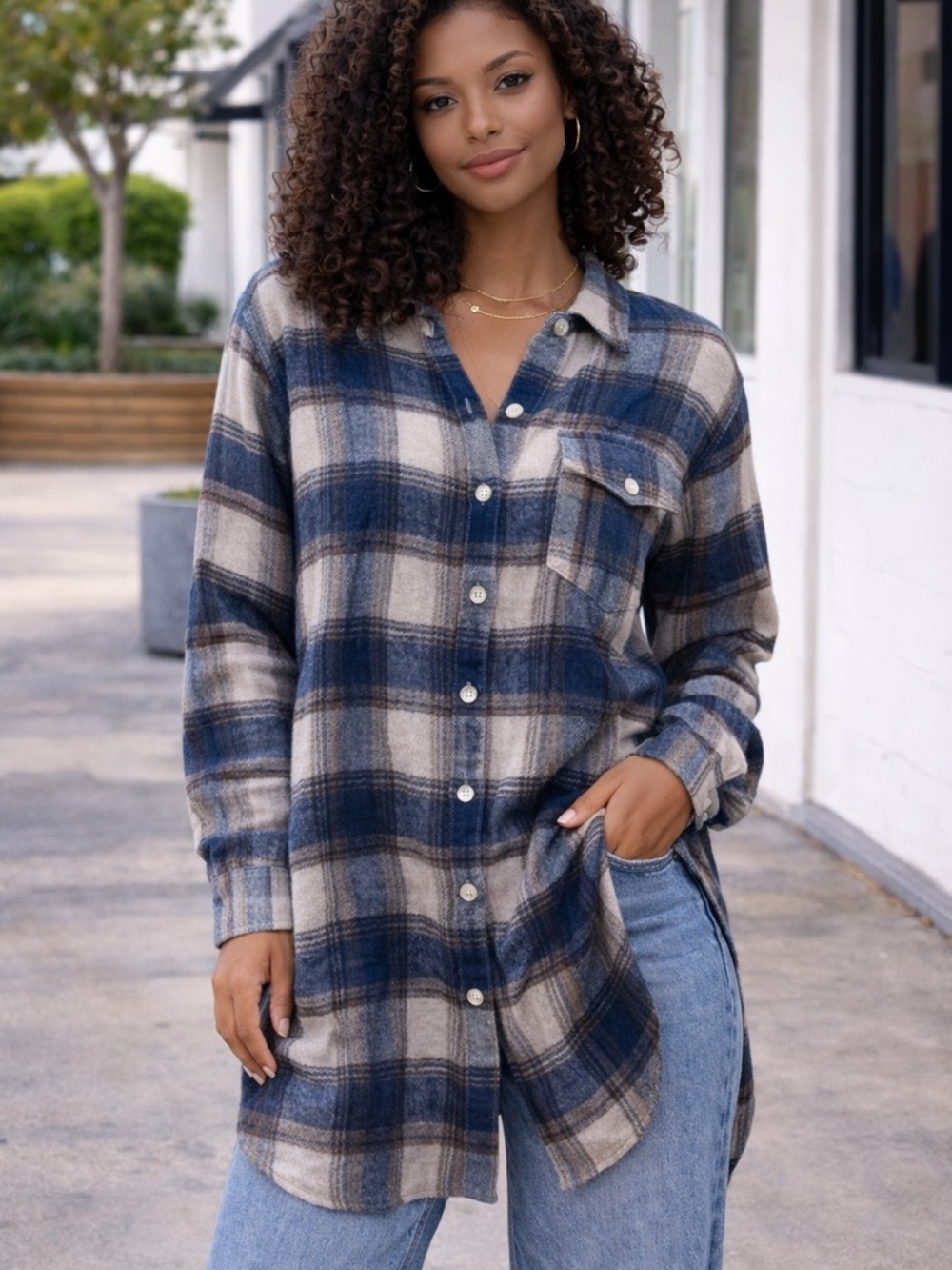 Women’s Blue Plaid Button-Down Shirt